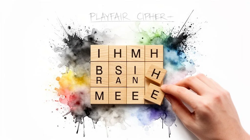 A hand places letter tiles forming a Playfair cipher on a colorful background.