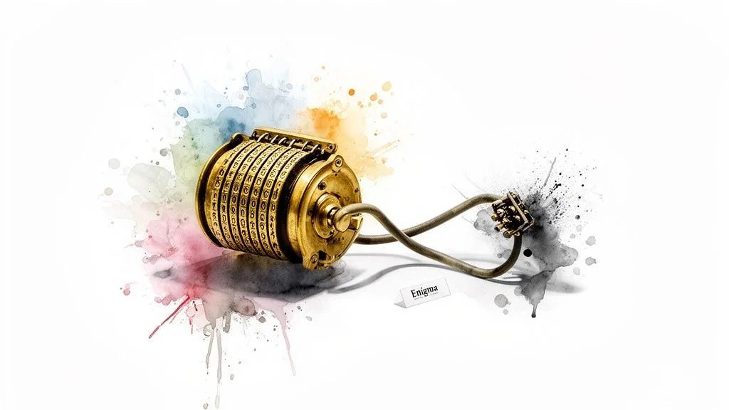 A golden Enigma machine rotor connected by cables amidst colorful and dark watercolor splashes.