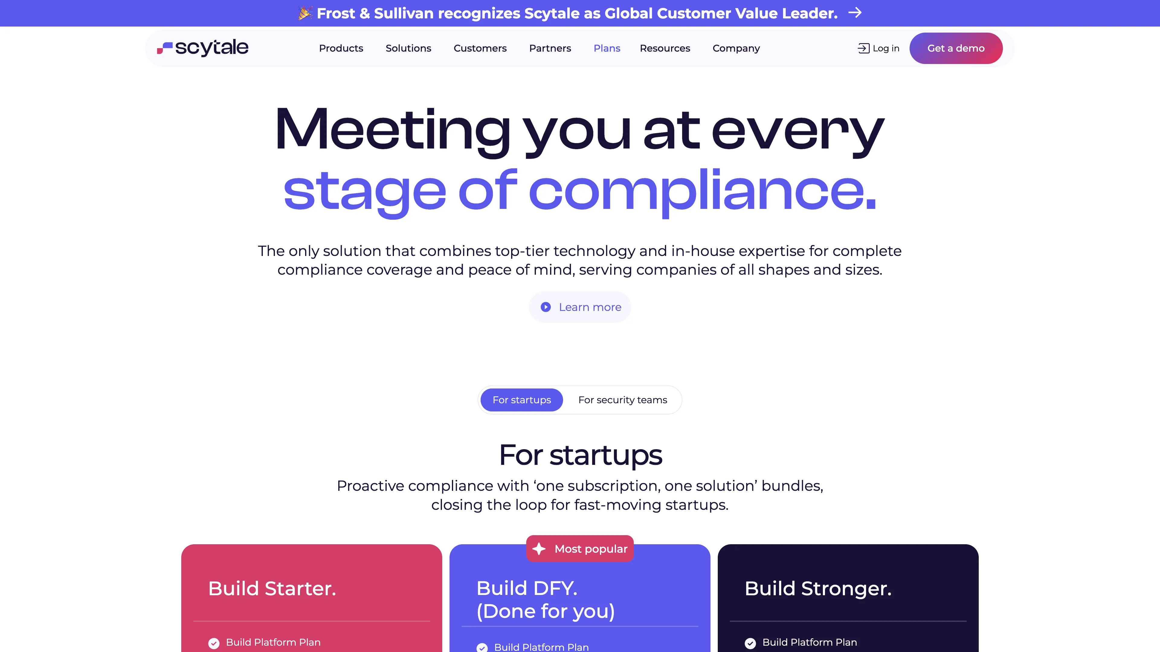 Scytale pricing page showing Build Starter, Build DFY Done for you, and Build Stronger packages, with no dollar prices.
