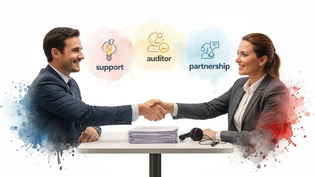 Two smiling business people shake hands across a table, symbolizing support, auditing, and partnership.