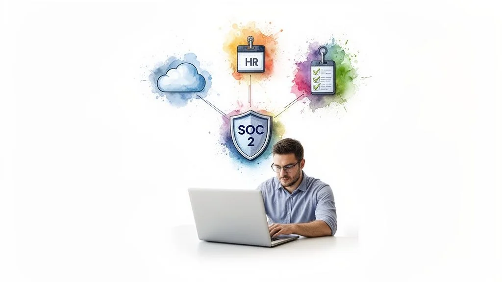 A man on a laptop with a SOC 2 shield connecting to cloud, HR, and compliance checklist icons.