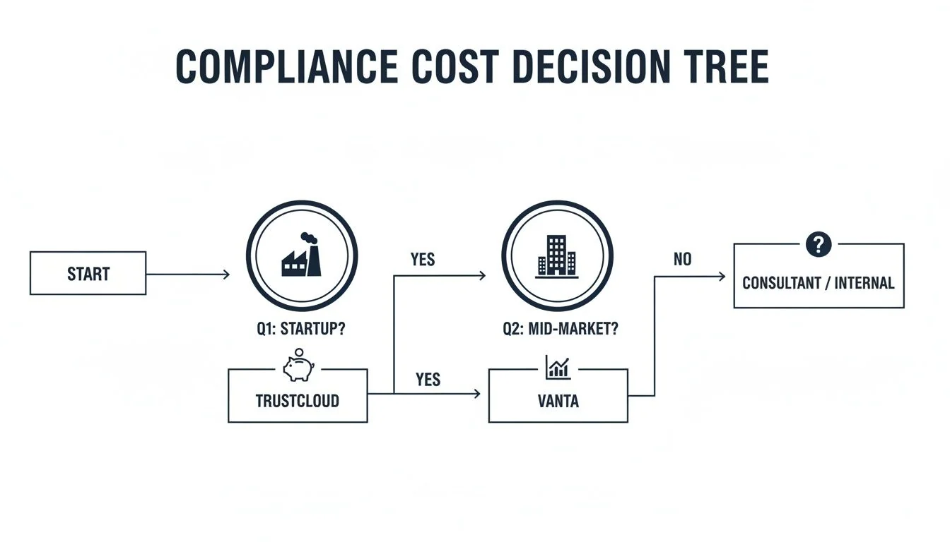 A compliance cost decision tree flowchart guiding choices for startups and mid-market businesses.
