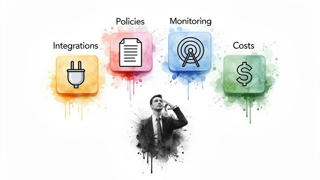 Thoughtful business professional considering challenges in integrations, policies, monitoring, and costs.