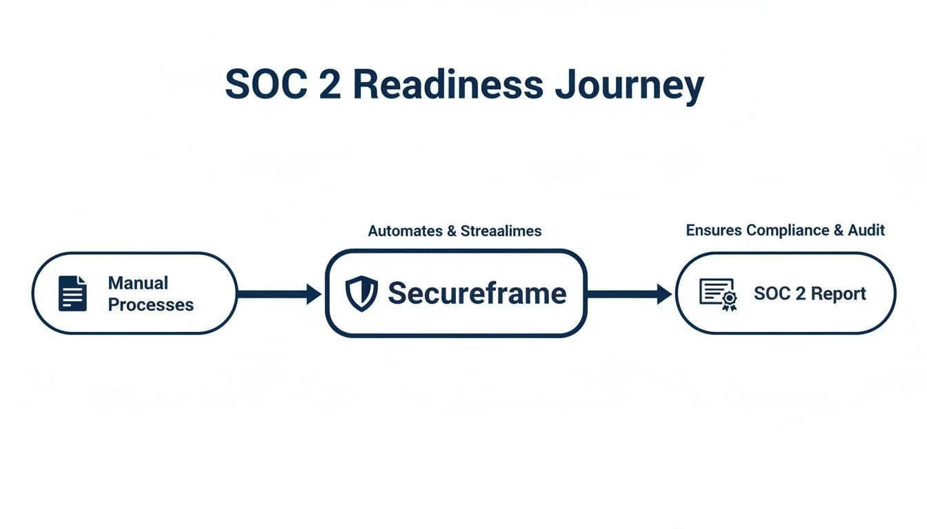 Flowchart illustrating the SOC 2 Readiness Journey, from manual processes to a SOC 2 Report via Secureframe.