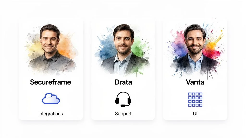 Three cards displaying Secureframe, Drata, and Vanta services with portraits, icons, and feature descriptions.