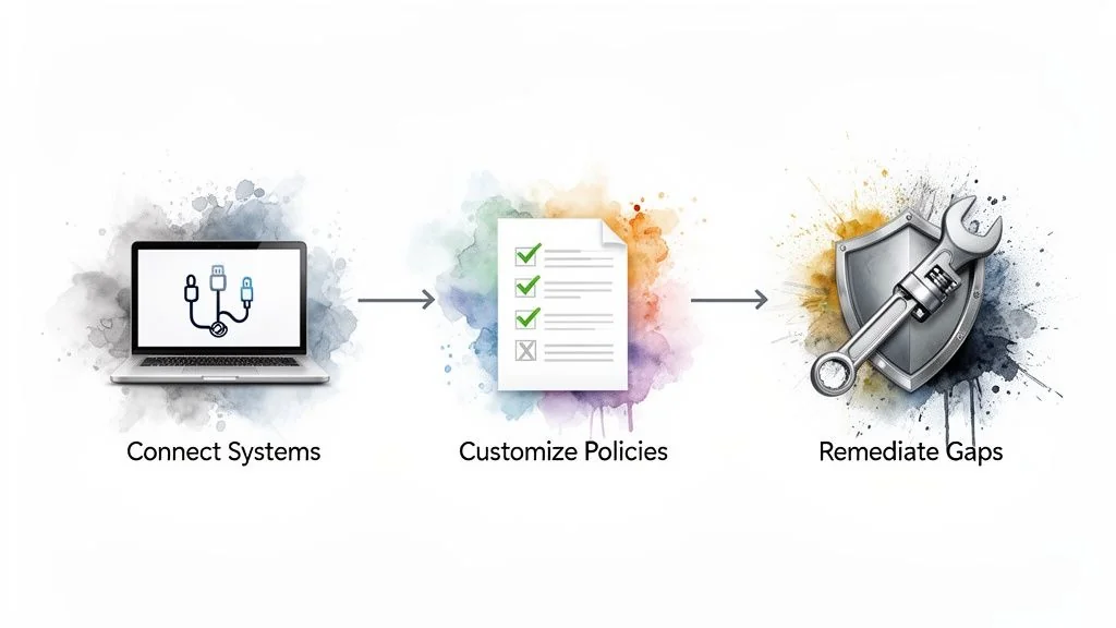 A three-step process diagram illustrating system connection, policy customization, and gap remediation for security.