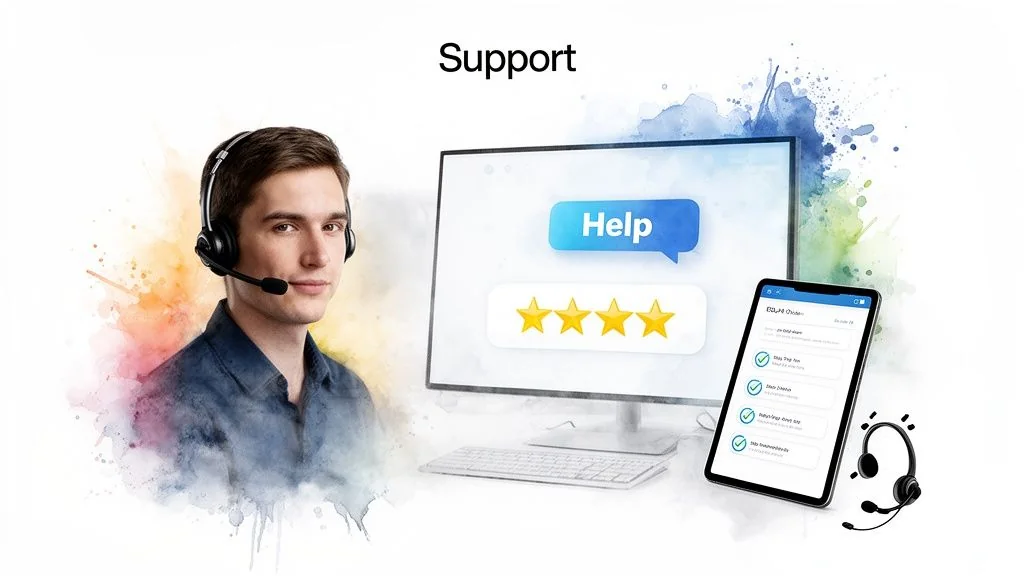 A friendly customer support agent, computer showing help rating, and tablet with a checklist.