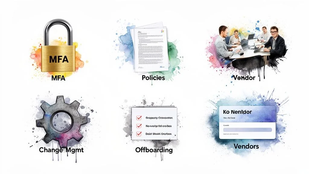Six icons represent business concepts: MFA padlock, policies documents, vendor meeting, change management gear, offboarding checklist, and vendors interface.