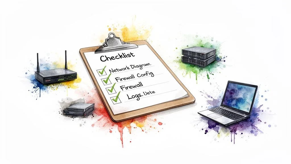 A network security audit checklist with IT devices like a router, servers, and laptop.