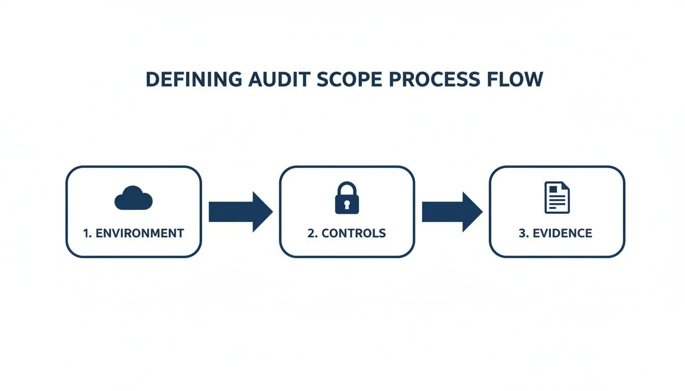 A process flow diagram illustrating the three steps for defining audit scope: Environment, Controls, and Evidence.