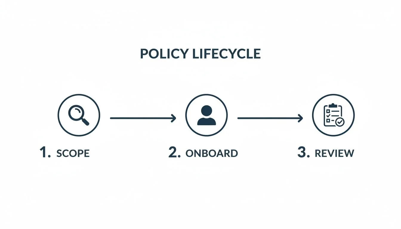An illustration of the policy lifecycle showing three sequential steps: Scope, Onstand, and Review.