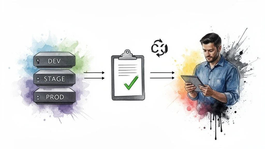 A visual workflow demonstrating dev, stage, prod environments, audit checklist, and user review on a tablet.
