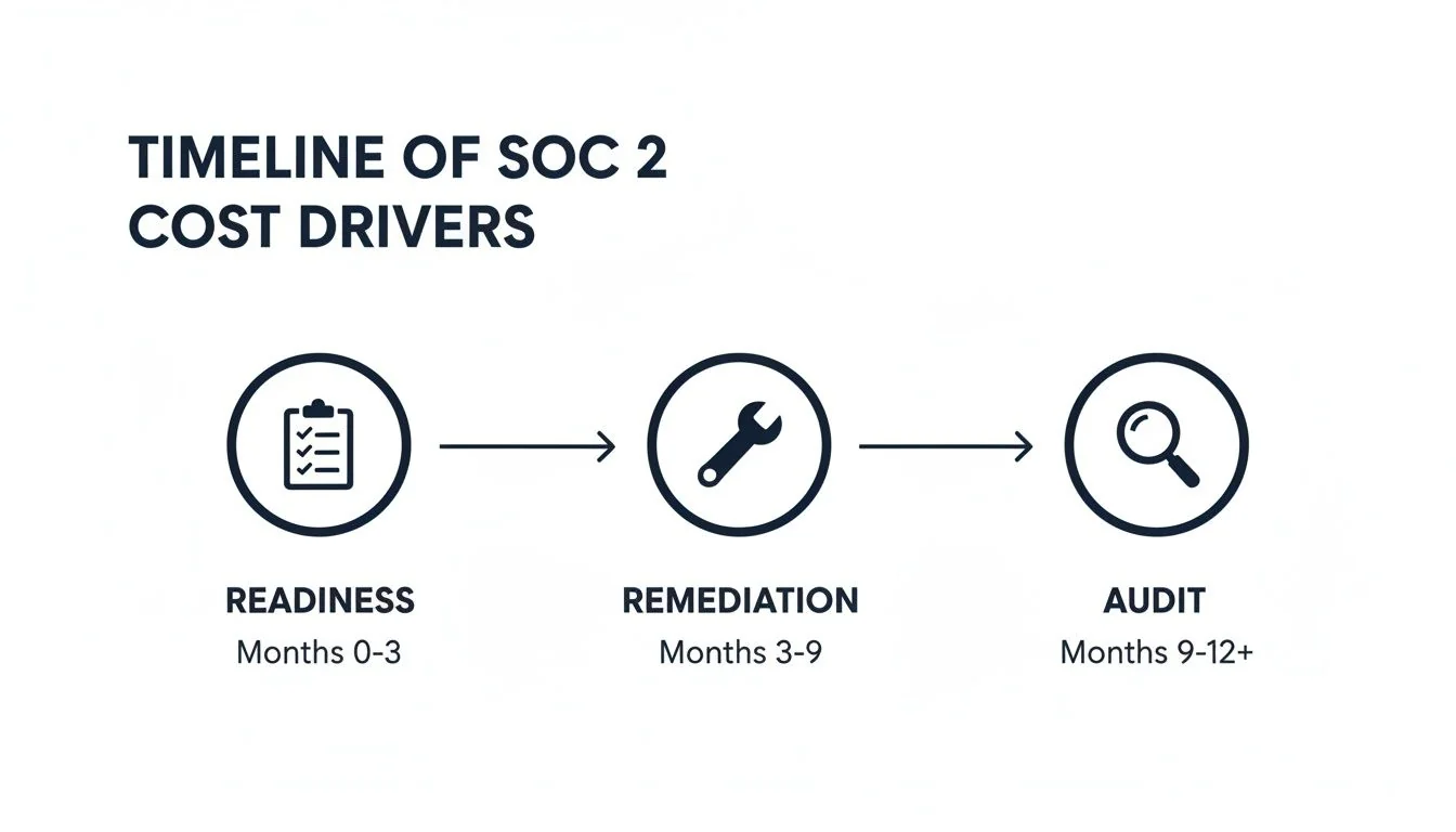 Timeline illustrating SOC 2 cost drivers across readiness, remediation, and audit phases.