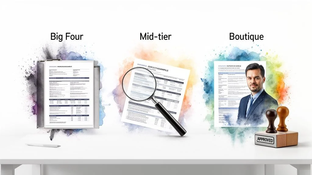 Visualizing different audit types: Big Four, Mid-tier, and Boutique, each with distinct characteristics and processes.