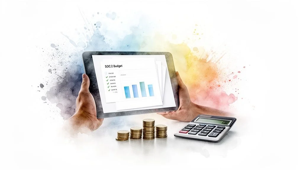 Hands hold a tablet showing a SOC 2 budget, with coins and a calculator for financial planning.