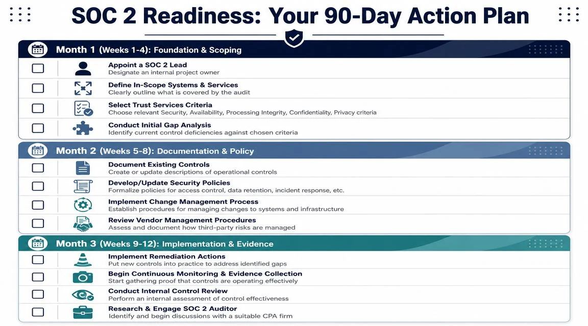 A 90-day action plan infographic for SOC 2 readiness, outlining tasks for foundation, documentation, and implementation phases.