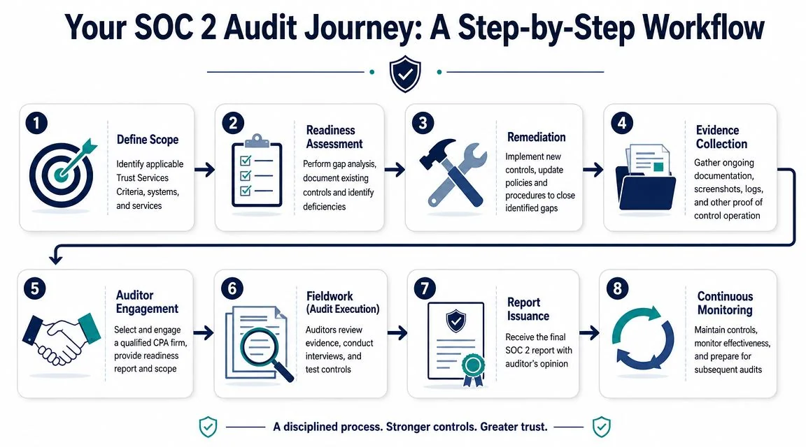An infographic showing the eight-step workflow for a SOC 2 audit journey process.