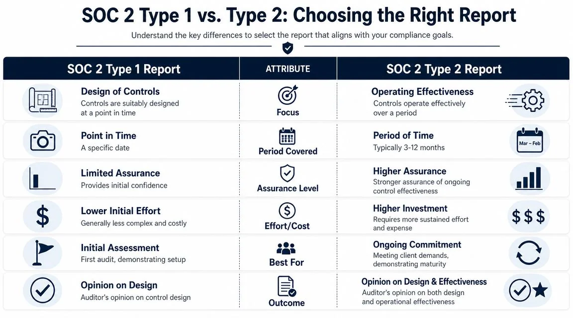A comparison chart outlining key differences between SOC 2 Type 1 and SOC 2 Type 2 compliance reports.