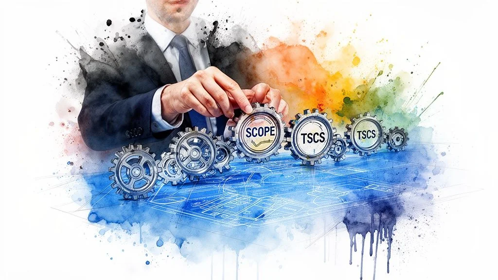 A professional in a suit organizing interconnected gears labeled with project scope and compliance terms on blueprints.