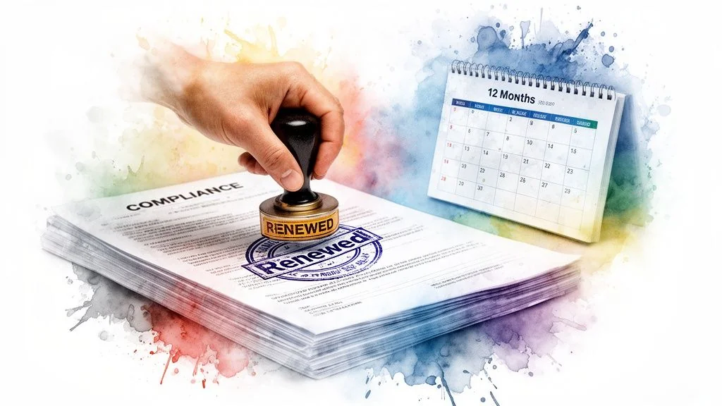 A hand stamping a stack of compliance documents as renewed next to a 12-month calendar.