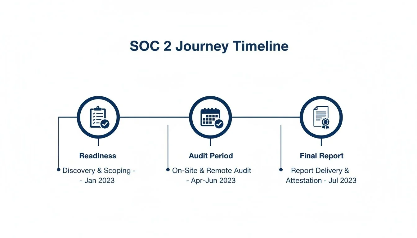 SOC 2 Journey Timeline illustrating readiness, audit period, and final report stages with respective dates.