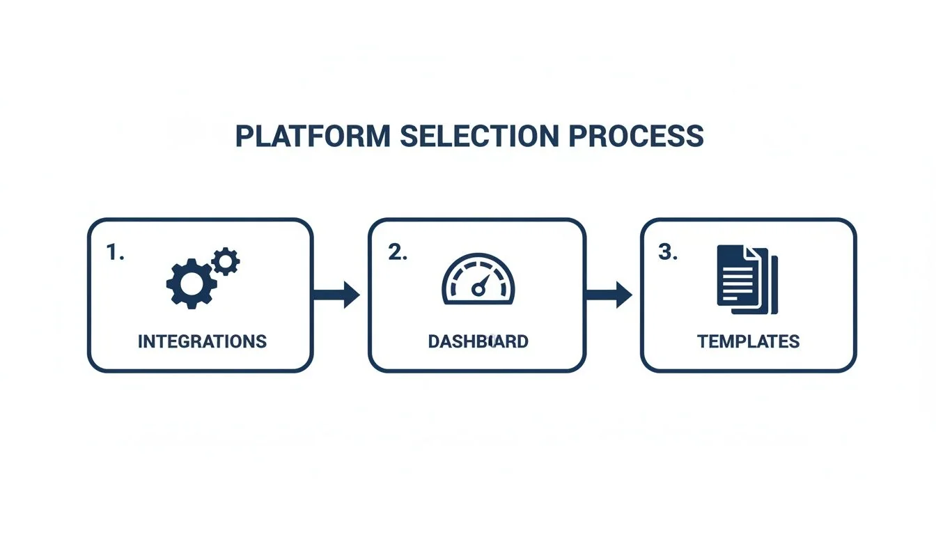 A visual representation of the platform selection process, showing three steps: Integrations, Dashboard, and Templates.
