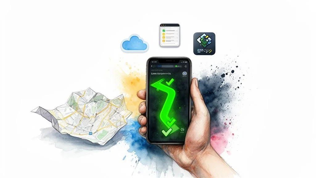 A hand holds a smartphone displaying a green navigation route, with a map and app icons.