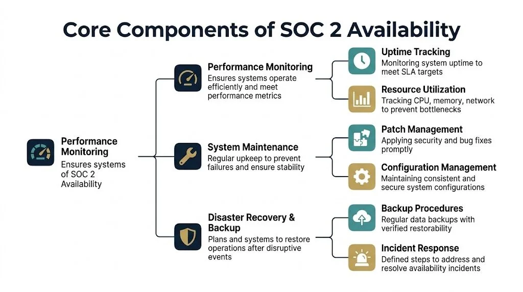A diagram outlining the core components of SOC 2 Availability, including performance monitoring, system maintenance, and disaster recovery.