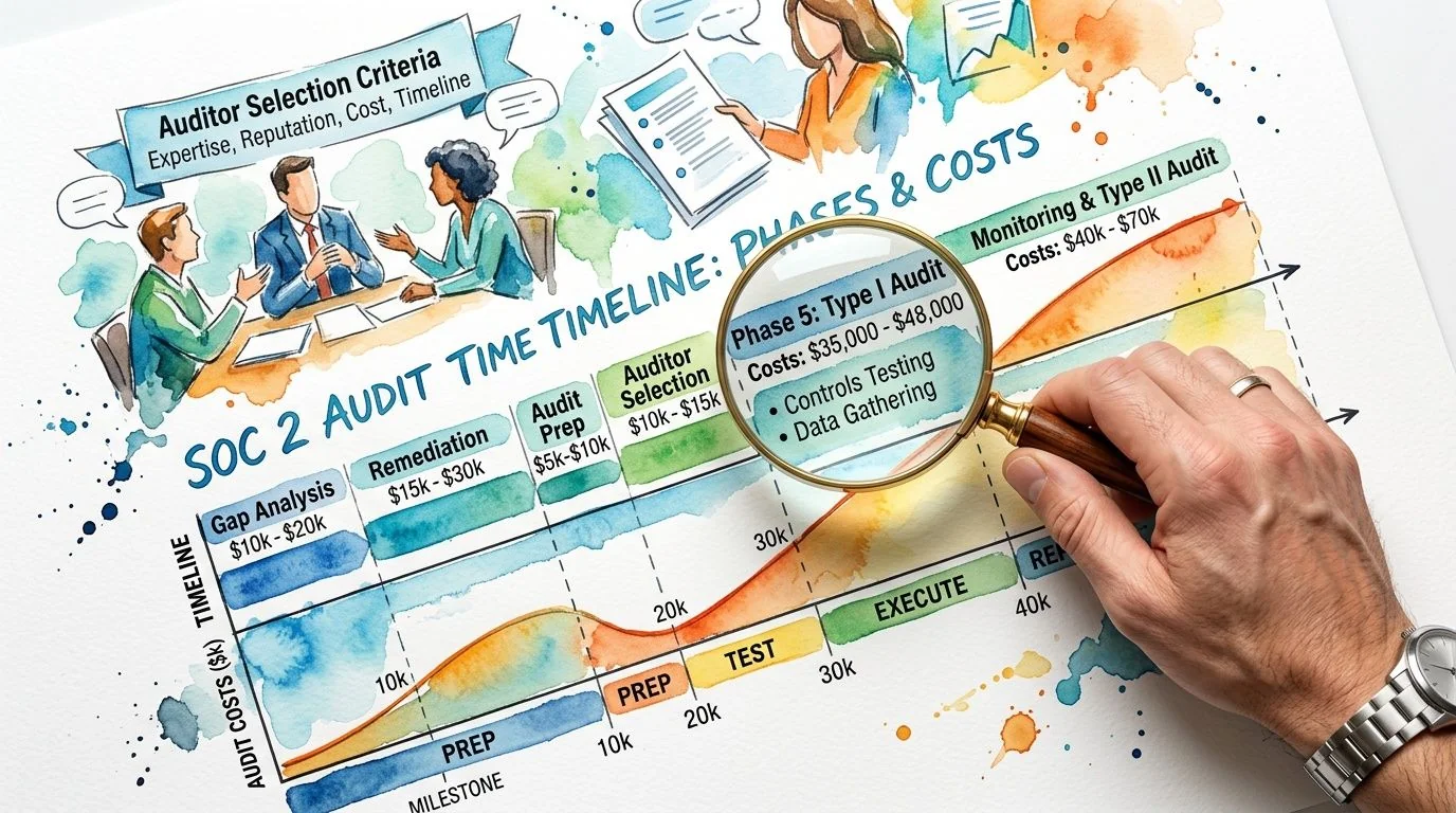 An infographic showing SOC 2 audit timeline phases, associated costs, and a hand magnifying glass on audit details.