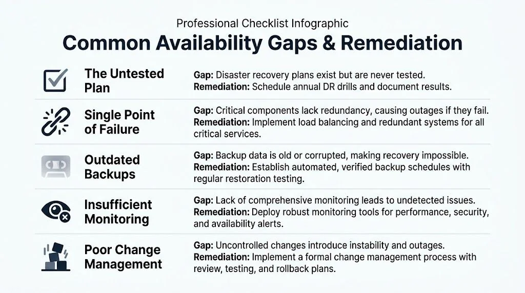 An infographic showing common availability gaps in IT systems and their recommended remediation steps for improved stability.