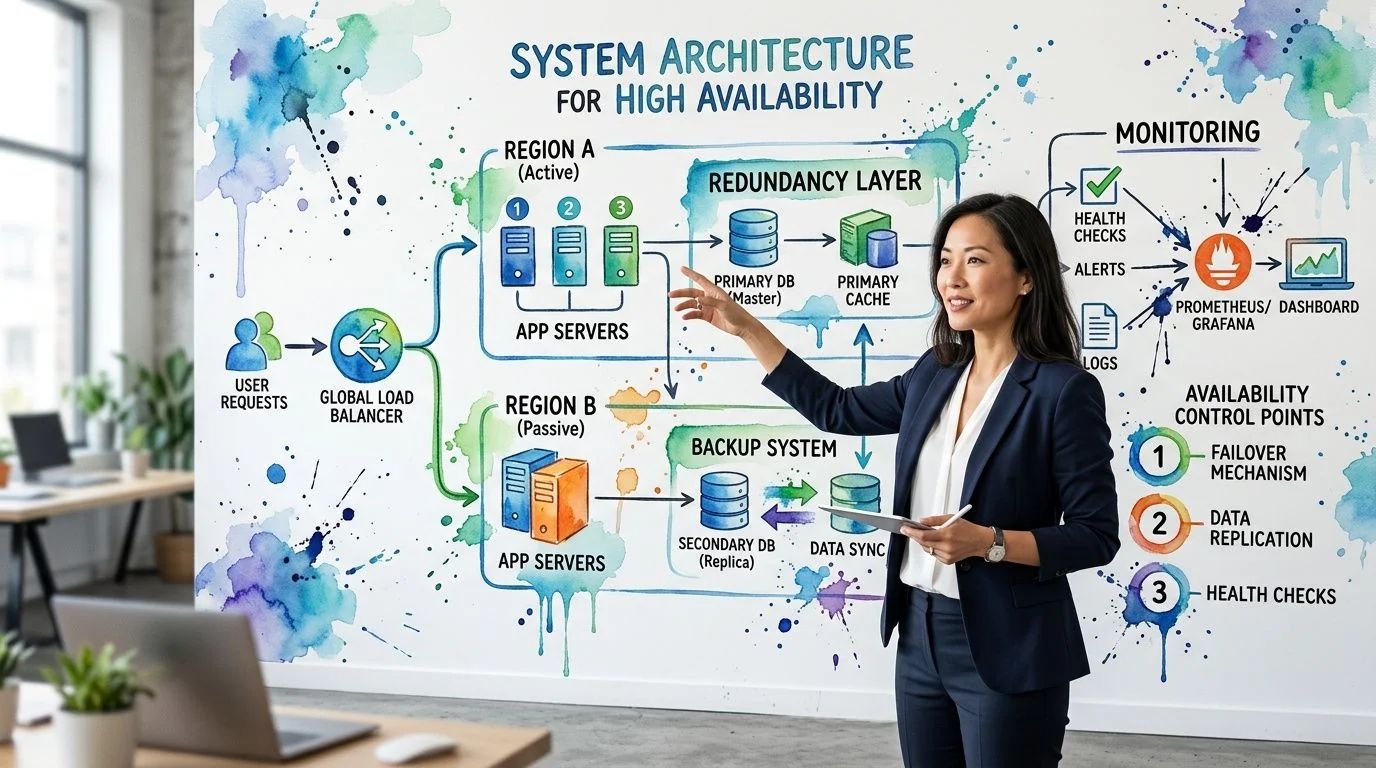 A professional woman presenting a high availability system architecture diagram on a creative office wall.