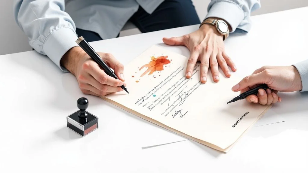 Hands signing a business contract with pens on a white desk, alongside a rubber stamp.