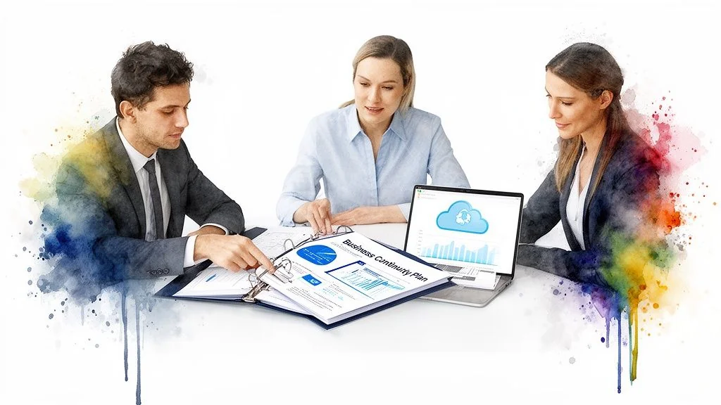 Three business professionals review a continuity plan, documents, and cloud data on a laptop.