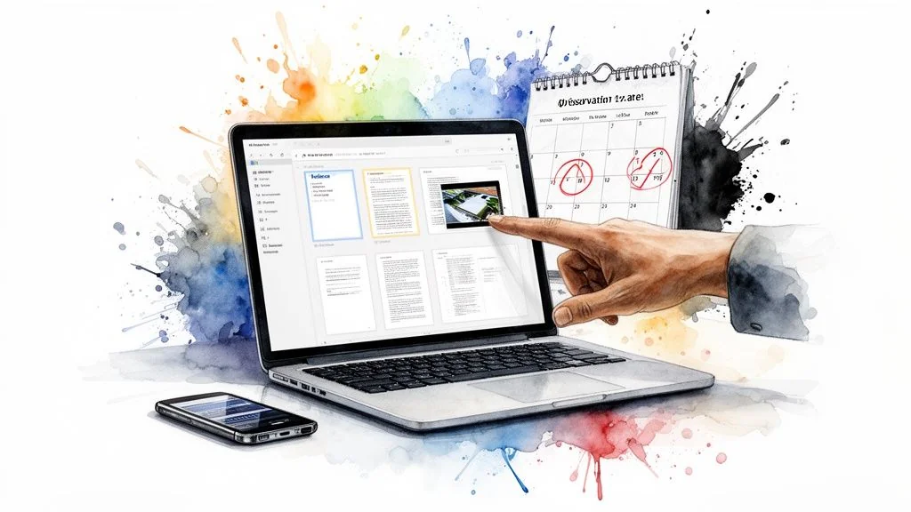 Hand interacting with a laptop showing documents, alongside a smartphone and a marked calendar, in watercolor style.