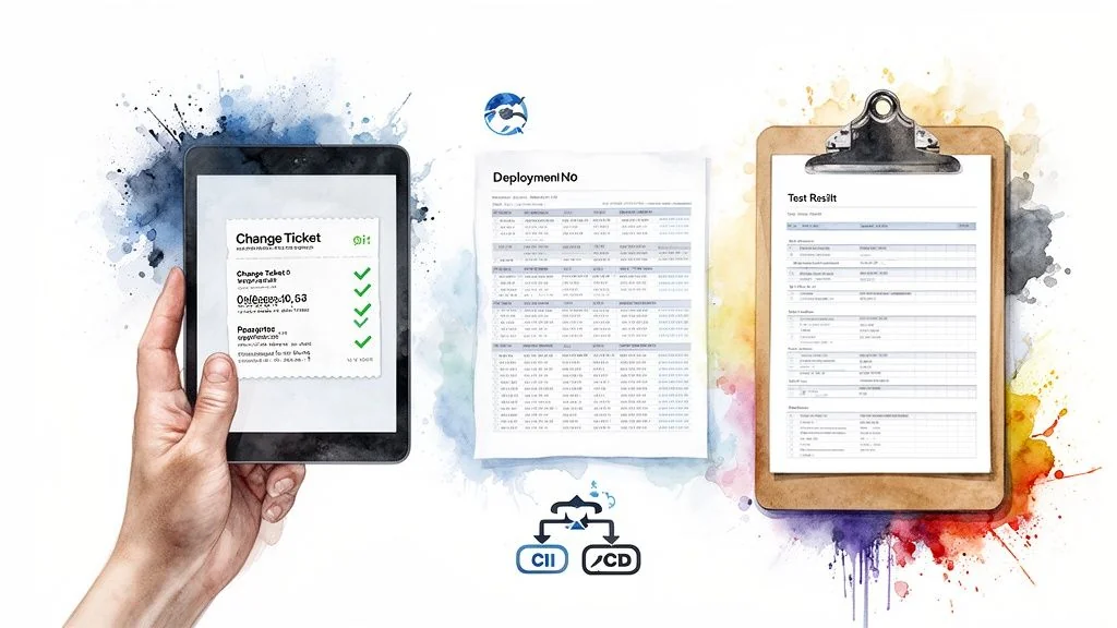 A hand holding a tablet with a change ticket, next to deployment and test result documents, representing a CI/CD workflow.