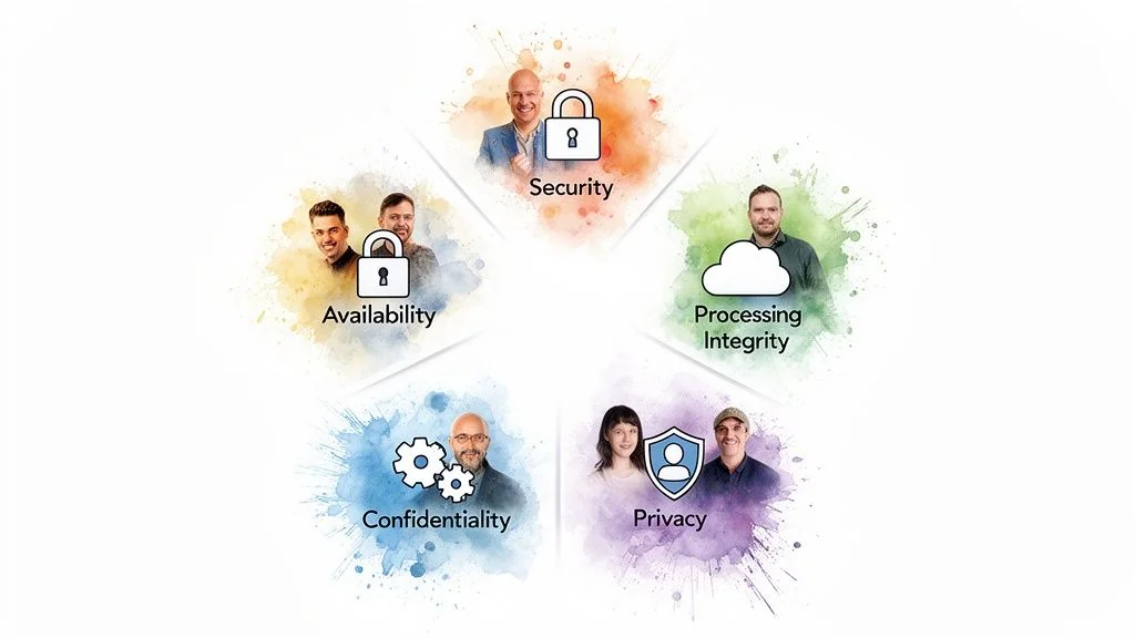 Infographic displaying the five SOC 2 Trust Services Criteria: Security, Availability, Processing Integrity, Confidentiality, and Privacy.
