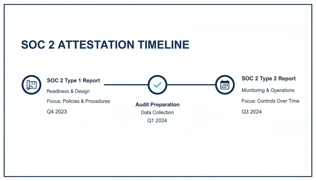 SOC 2 Attestation Timeline showing Type 1 Report, Audit Preparation, and Type 2 Report stages.