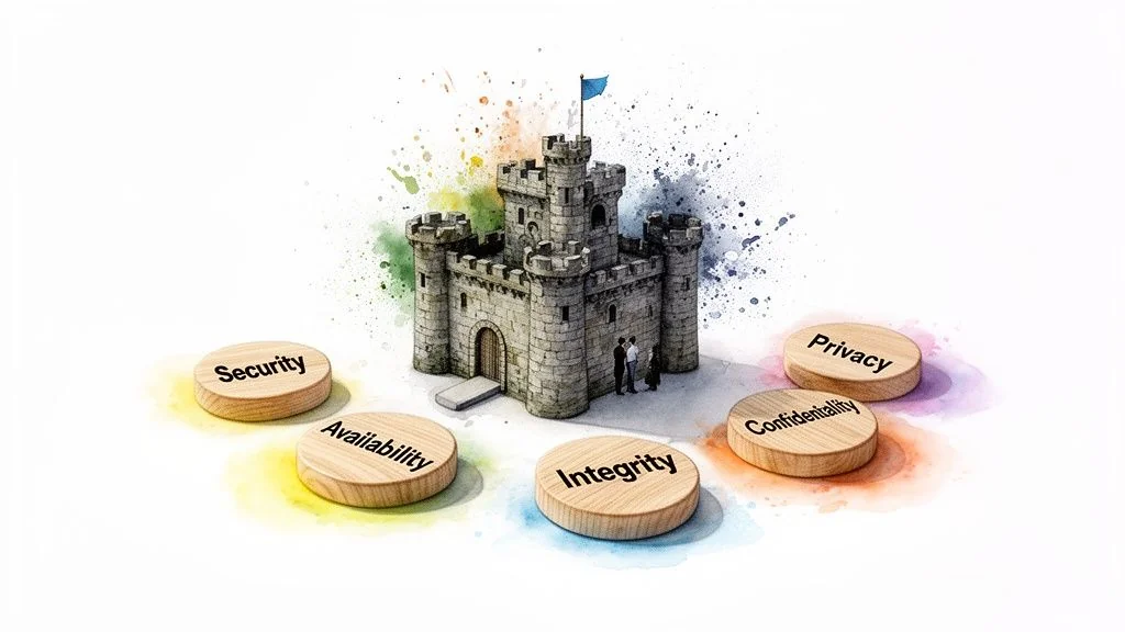 A castle symbolizing data protection, surrounded by privacy, security, availability, integrity, and confidentiality principles.
