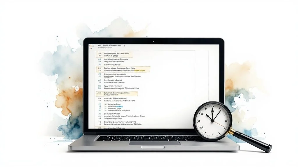 A laptop screen displays a compliance checklist, with a magnifying glass containing a clock resting on the keyboard.