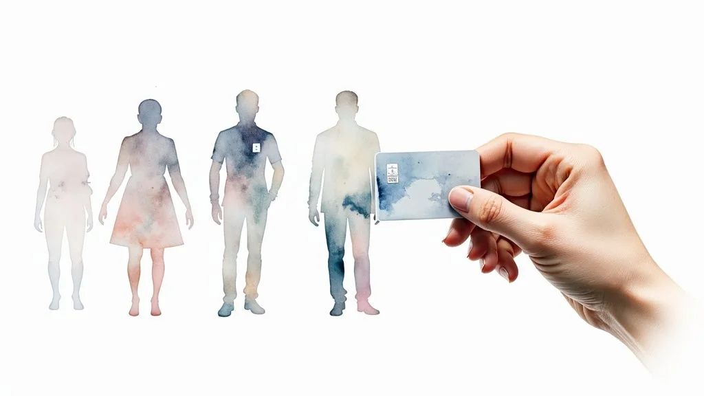 A hand holds a card next to five watercolor-style human silhouettes, representing individual identification or data.