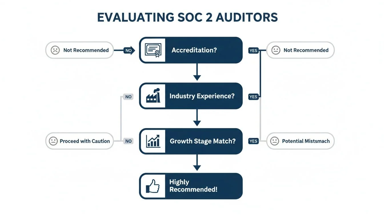Flowchart for evaluating SOC 2 auditors, detailing steps for accreditation, industry experience, and growth stage matching.