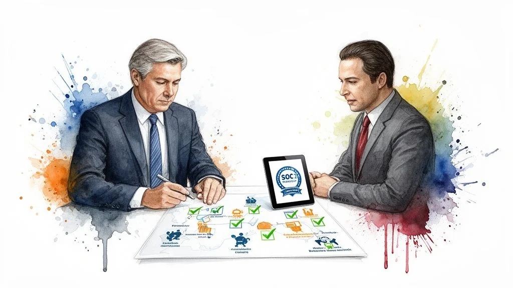Two businessmen reviewing a SOC 2 compliance document and a tablet with a SOC 2 logo.