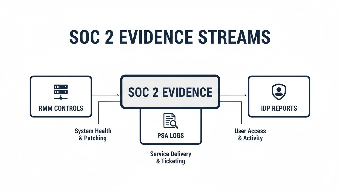Diagram illustrating SOC 2 evidence streams from RMM controls, PSA logs, and IDP reports.