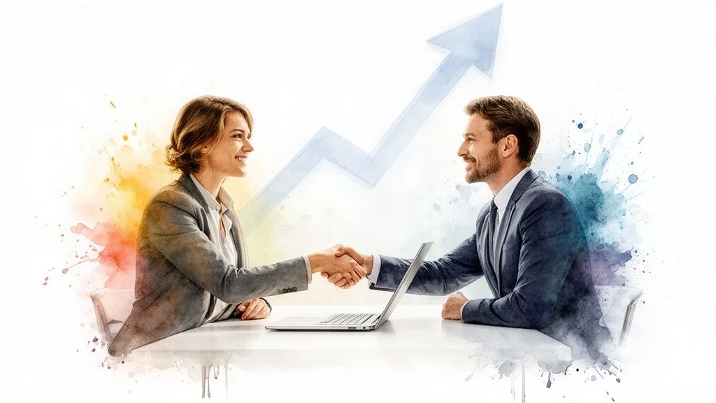 Two smiling business professionals shaking hands across a table with a laptop and an upward trend arrow.
