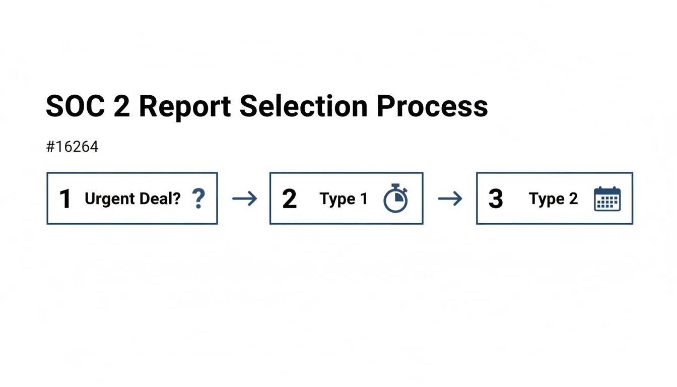 A flowchart outlining the SOC 2 Report Selection Process, including urgent deals and report types.