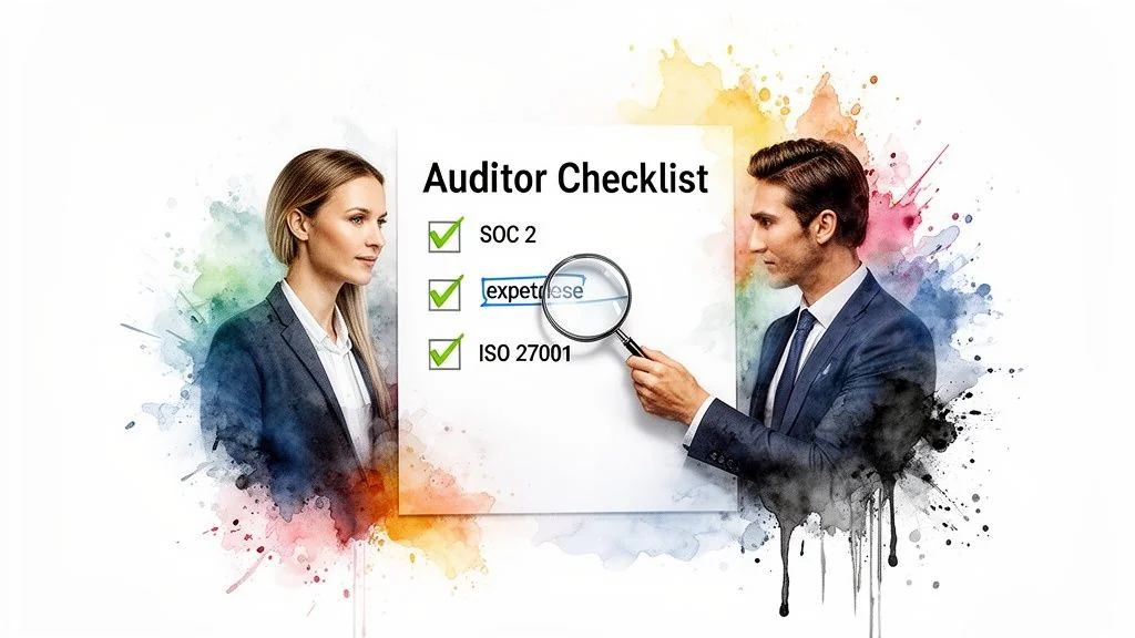 Two professionals reviewing an auditor checklist for SOC 2, ISO 27001, and expertise.