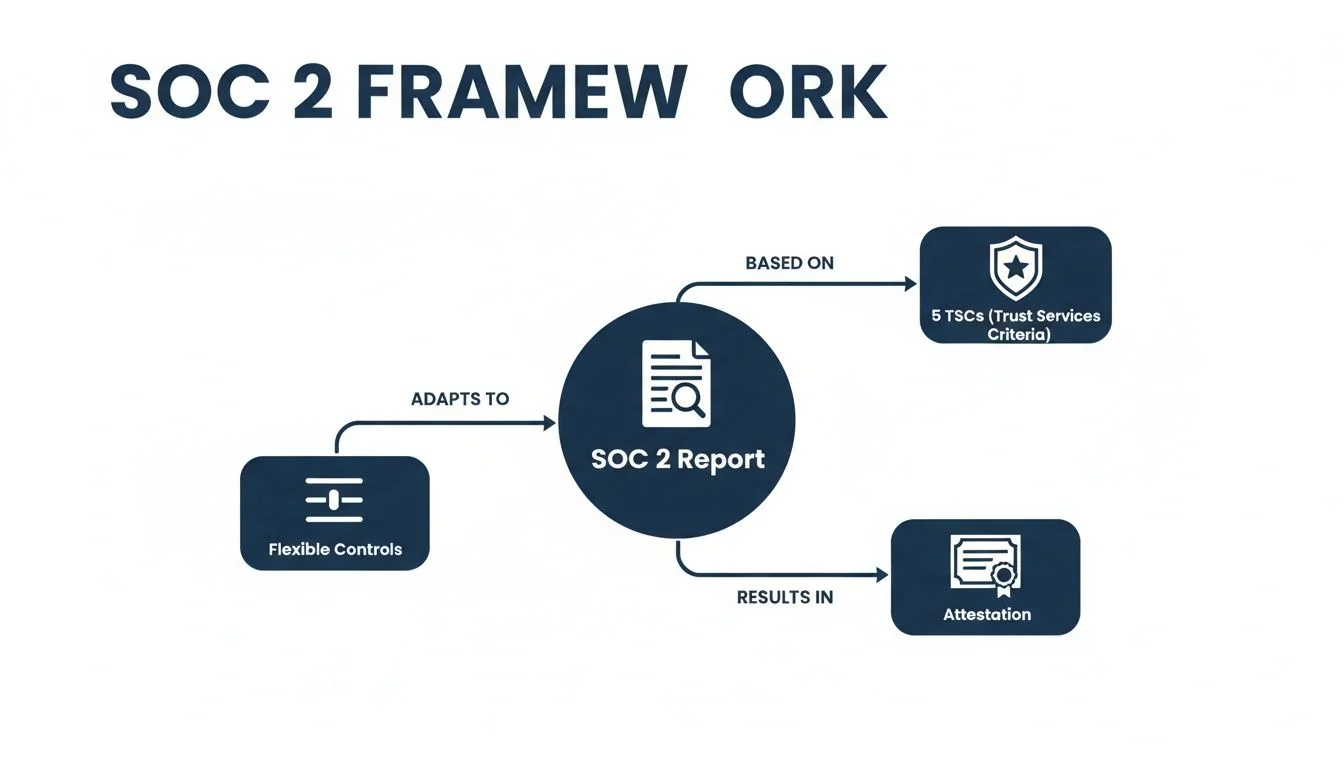 Flowchart outlining the SOC 2 framework, detailing flexible controls, trust services criteria, and attestation.