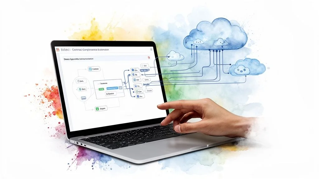 Laptop displaying a continuous compliance automation workflow diagram, with a hand interacting.