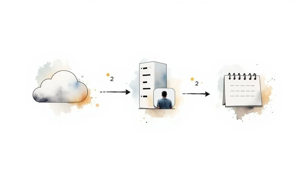 Illustration depicting a data compliance flow from a cloud to a server with a person, then to a calendar.