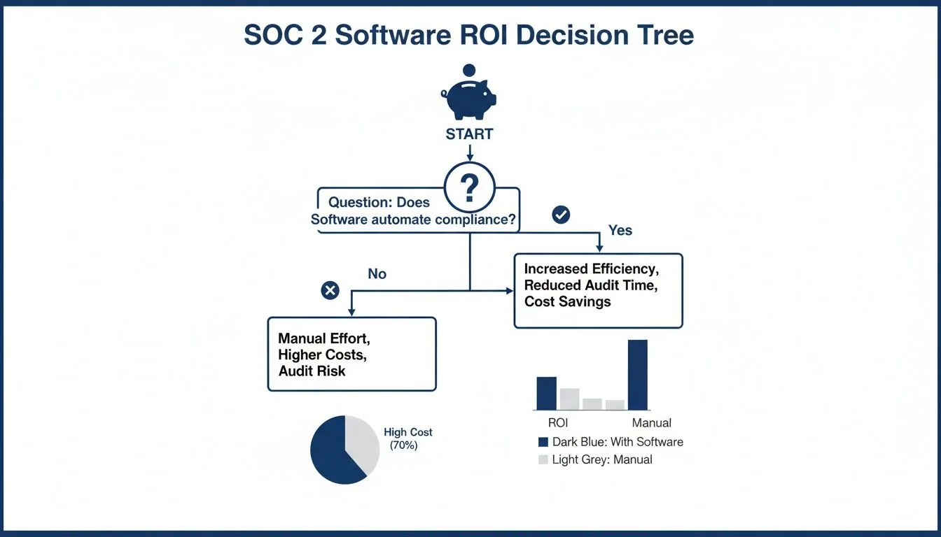 A decision tree illustrates the ROI of SOC 2 compliance software, comparing automated efficiency with manual costs and risks.